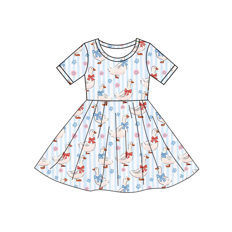MOQ 5 PCS Preorder GSD3138  Flower Duck Blue Stripe Short Sleeve Dresses for Girls 202511