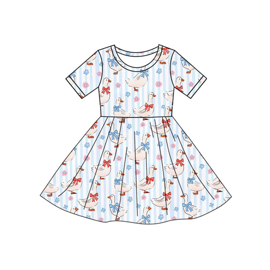 MOQ 5 PCS Preorder GSD3138  Flower Duck Blue Stripe Short Sleeve Dresses for Girls 202511