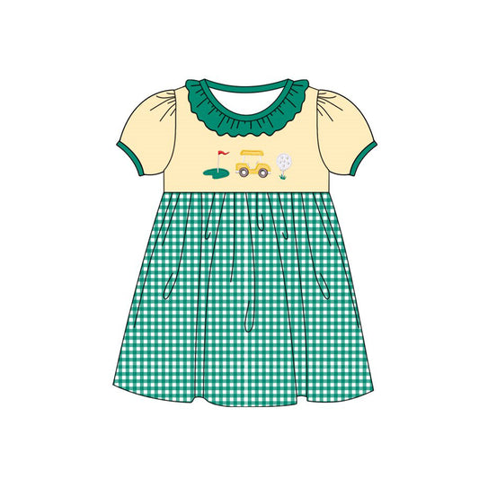 MOQ 5 PCS Preorder GSD3139 Golf Green Ruffle Plaid Short Sleeve Dresses for Girls 202511