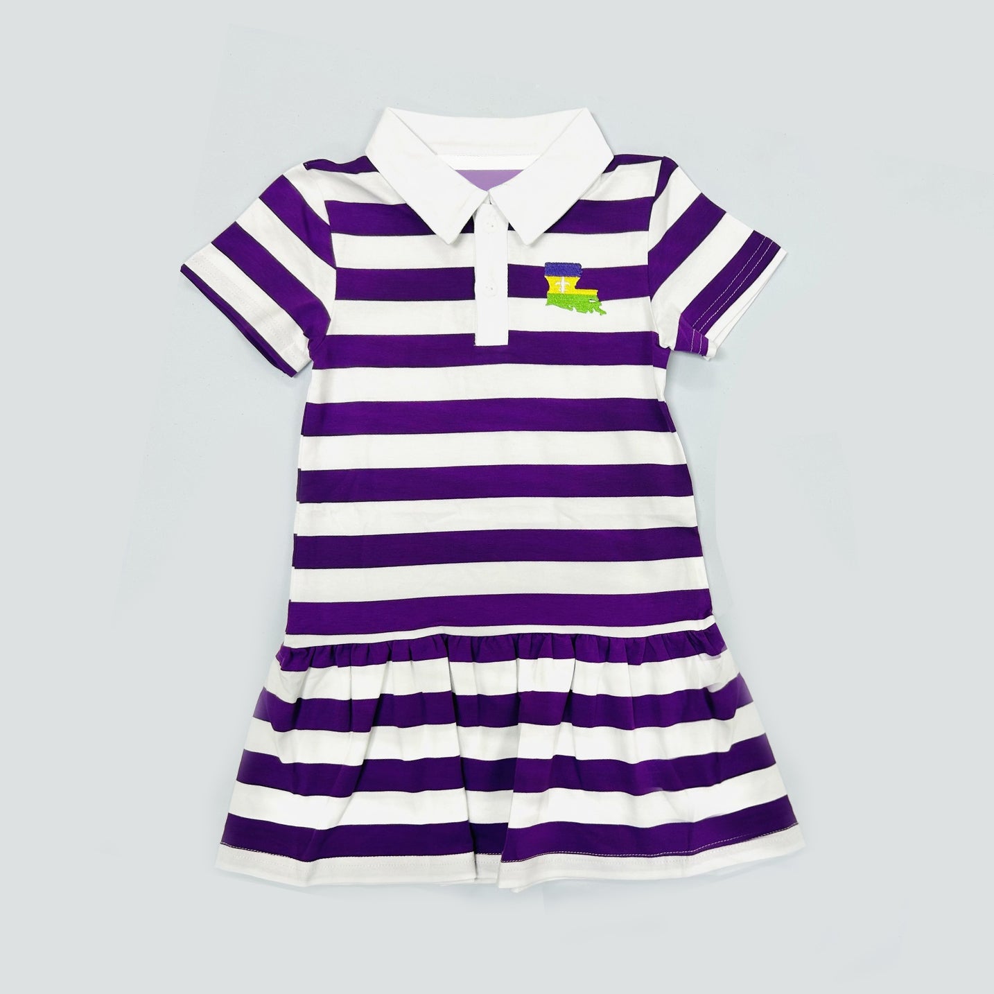 MOQ 5 PCS Preorder GSD3140 Mardi Gras Stripe White Polo Short Sleeve Dresses for Girls 202511