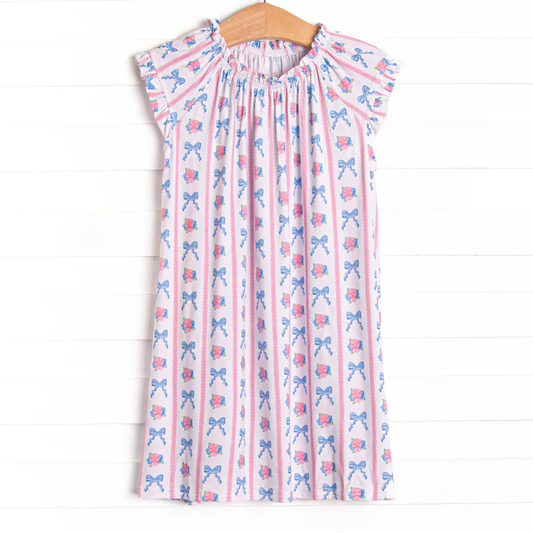 MOQ 5 PCS Preorder GSD3143 Flower Bows Stripe Pink Short Sleeve Dresses for Girls 202511