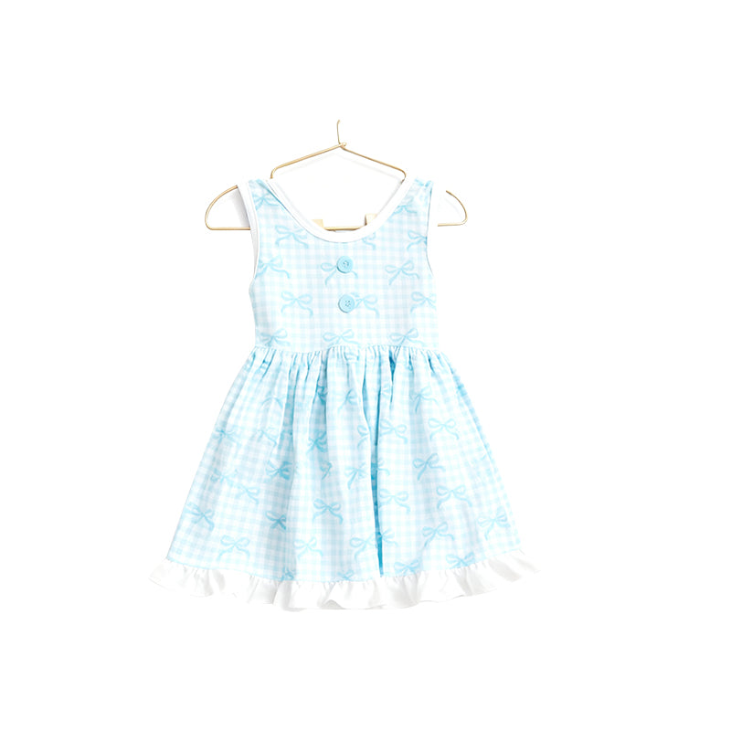 MOQ 5 PCS Preorder GSD3144 Blue Bows Plaid Ruffle Sleeveless Dresses for Girls 202511