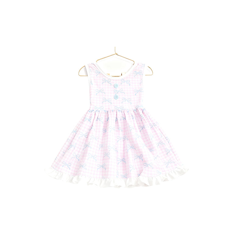 MOQ 5 PCS Preorder GSD3145 Blue Bows Pink Plaid Ruffle Sleeveless Dresses for Girls 202511