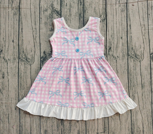 NO MOQ Preorder GSD3145 Blue Bows Pink Plaid Ruffle Sleeveless Dresses for Girls 202512