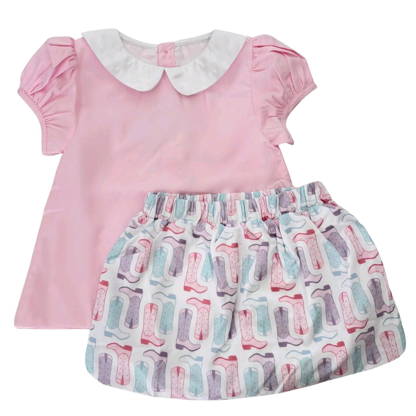 MOQ 5 PCS Preorder GSD3146 Doll Collar Pink Short Sleeve Boots Pattern Skirts Girls Sets 202511