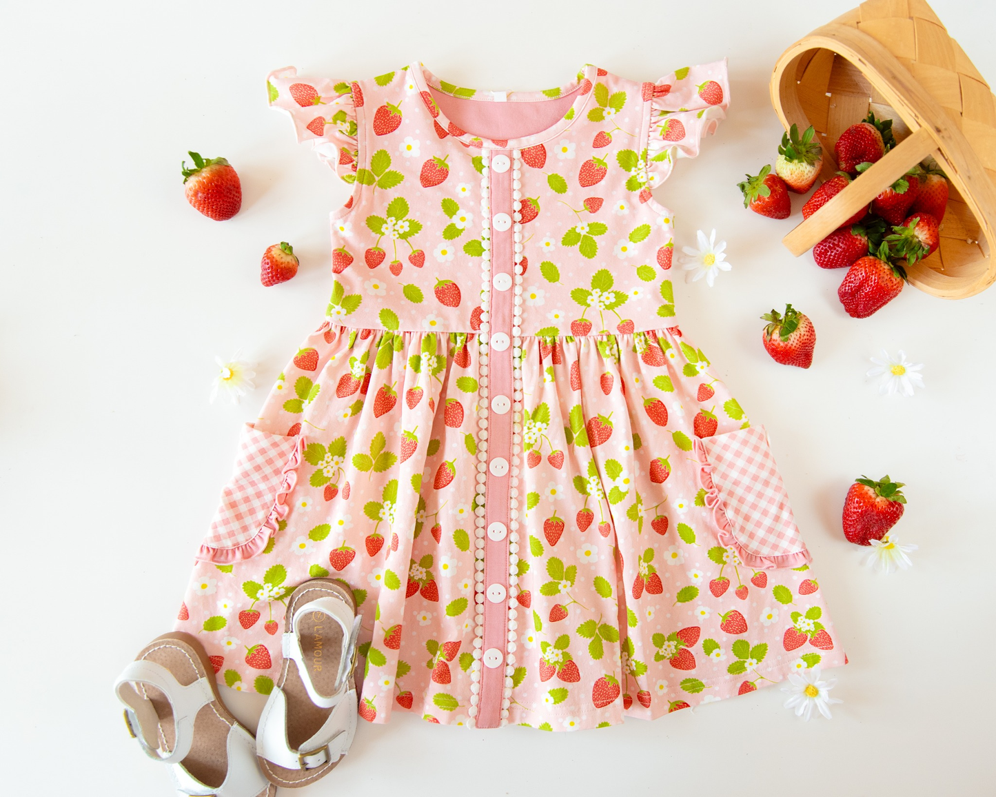 MOQ 5 PCS Preorder GSD3150 Flower Leaf strawberry Pink Plaid Pocket Buttons Flying Sleeve Dresses for Girls 202511