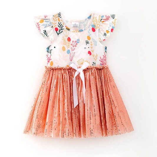 MOQ 5 PCS Preorder GSD3156 Easter Bunny Colored Eggs Leaf Orange Sequin Flying Sleeve Dresses for Girls 202511