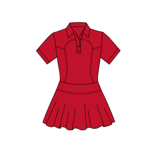 MOQ 5 PCS preorder GSD3167 Solid Red Buttons Polo Short Sleeve Yoga Dresses for Girls 202511