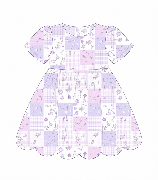 MOQ 5 PCS Preorder GSD3174 Flower Plaid Purple Short Sleeve Dresses for Girls 202511