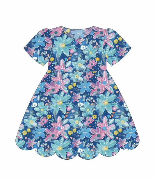 MOQ 5 PCS Preorder GSD3175 Colored Flower Blue Short Sleeve Dresses for Girls 202511
