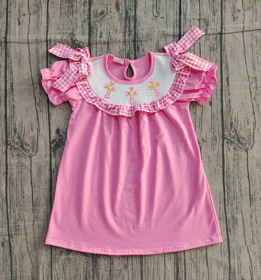 NO MOQ Preorder GSD3178 Smocked Easter Cross Rose Red Short Sleeve Dresses for Girls 202511