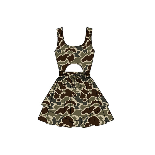 MOQ 5 PCS preorder GSD3198 Brown Camouflage Openwork Sleeveless Yoga Dresses for Girls 202511