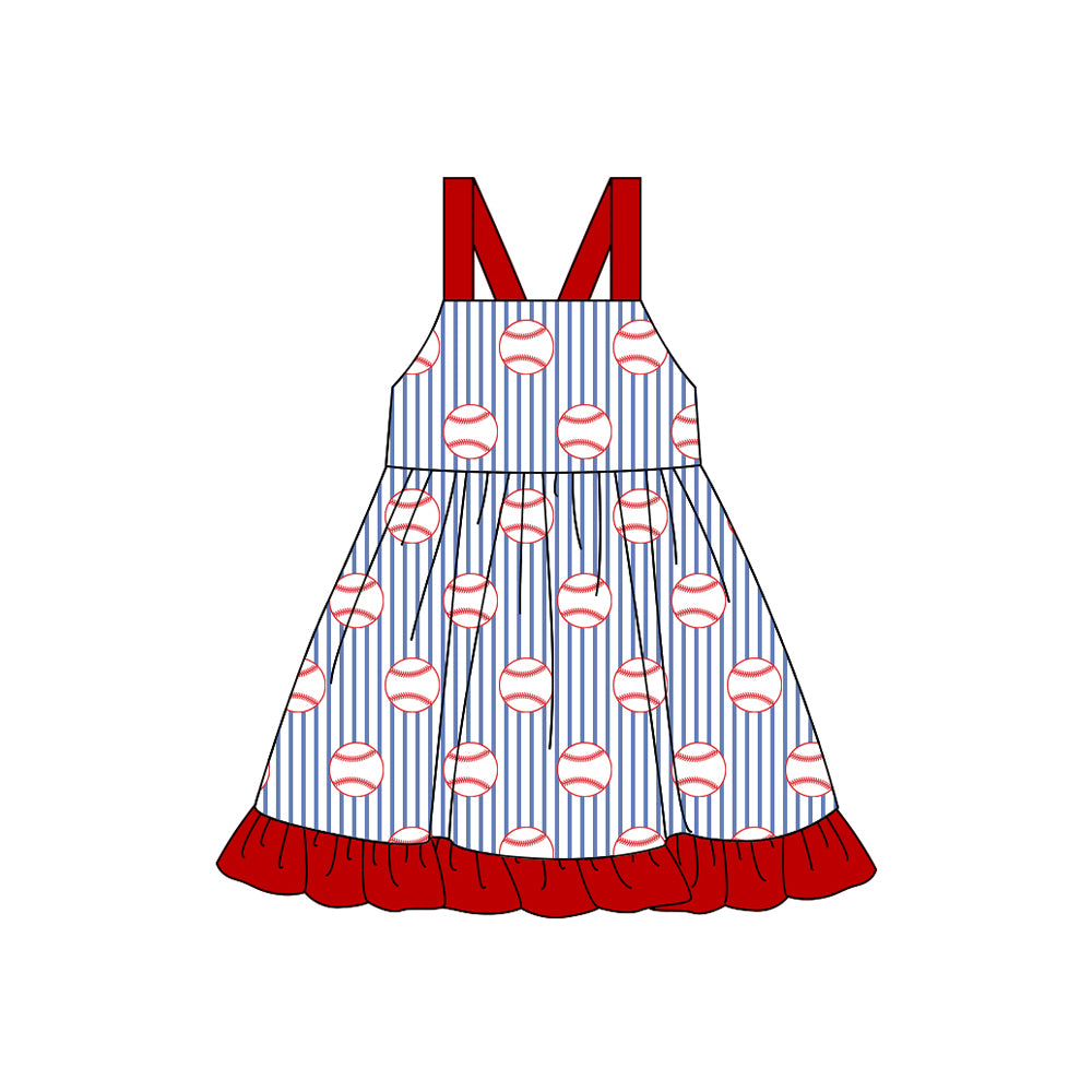 MOQ 5 PCS Preorder GSD3199 Baseball Blue Stripe Red Ruffle Sleeveless Dresses for Girls 202511