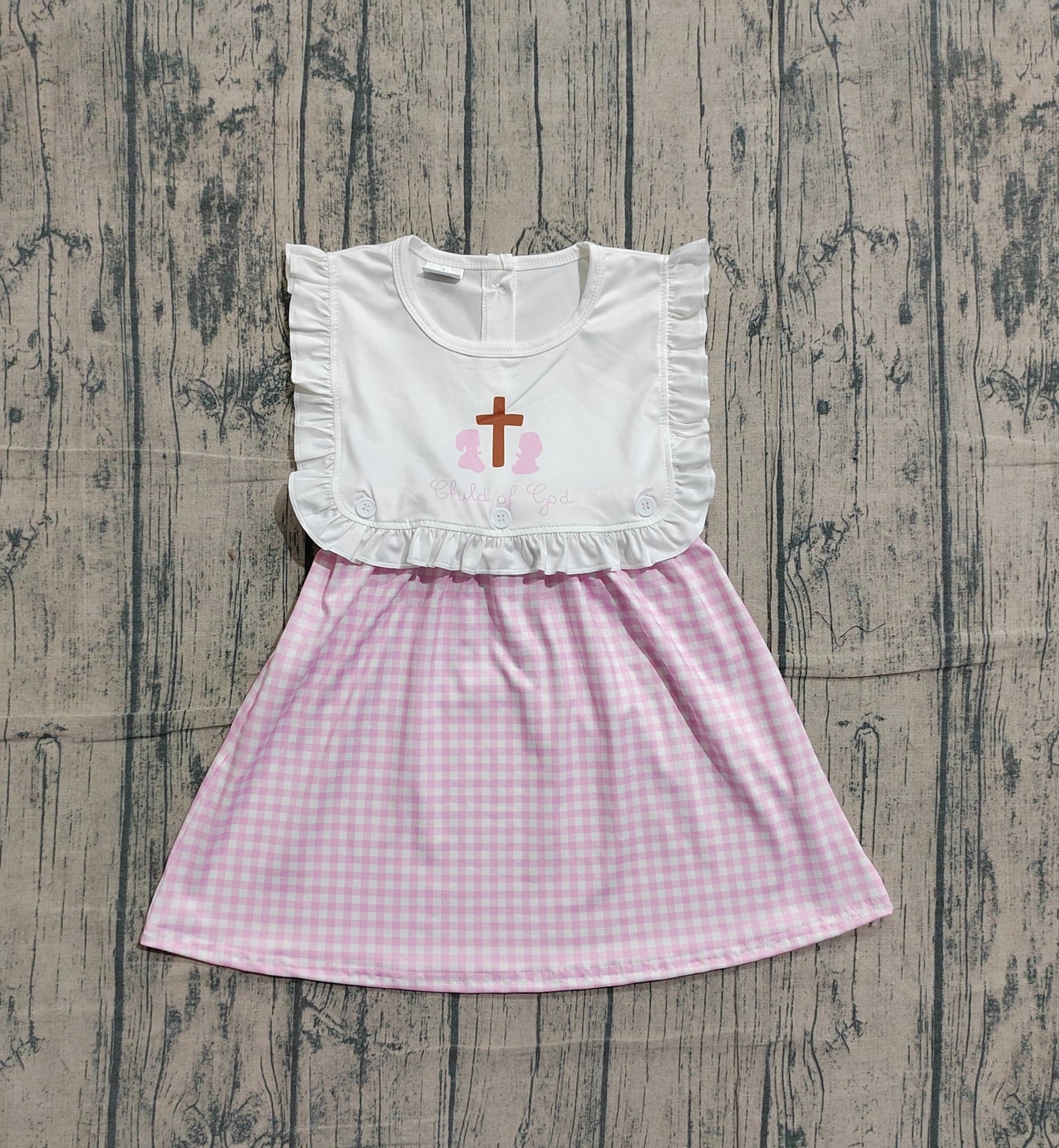 NO MOQ Preorder GSD3201 Easter Cross White Ruffle Pink Plaid Sleeveless Dresses for Girls 202601