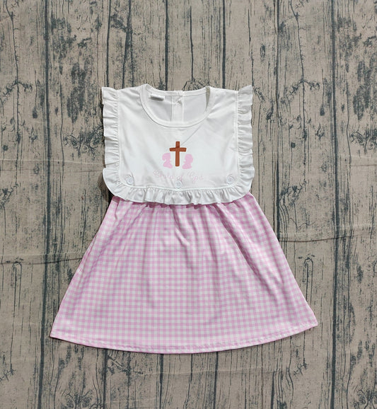 NO MOQ Preorder GSD3201 Easter Cross White Ruffle Pink Plaid Sleeveless Dresses for Girls 202601