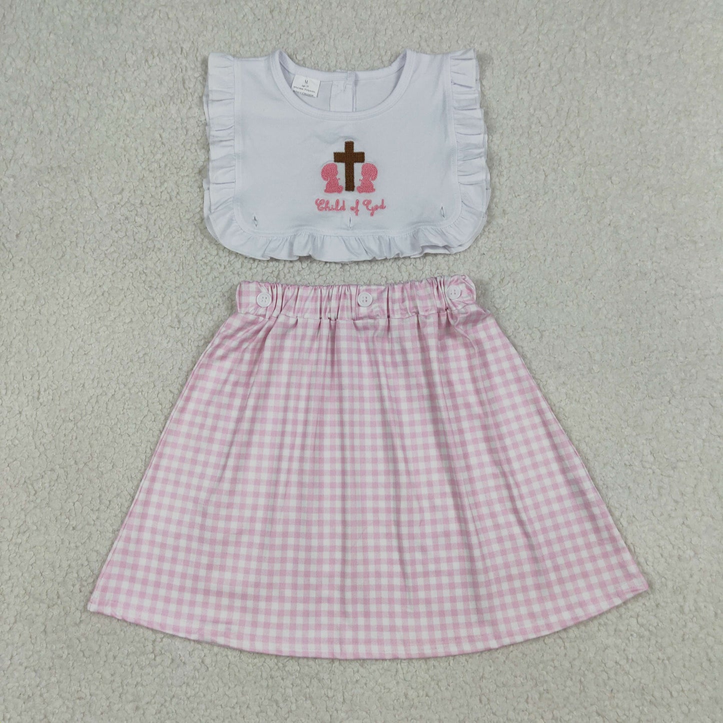 GSD3201 Easter Cross White Ruffle Pink Plaid Sleeveless Dresses for Girls 202604 RTS