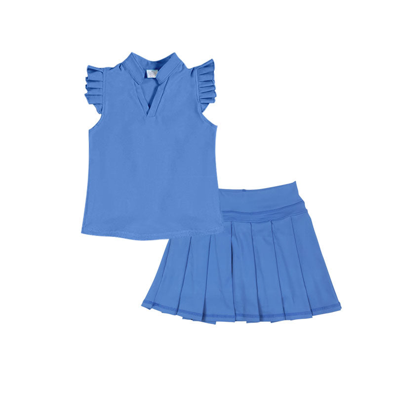 MOQ 5 PCS preorder GSD3203 V-Neck Solid Blue Ruffle Flying Sleeve with Pleated Skirts for Girls Yoga Sets 202511
