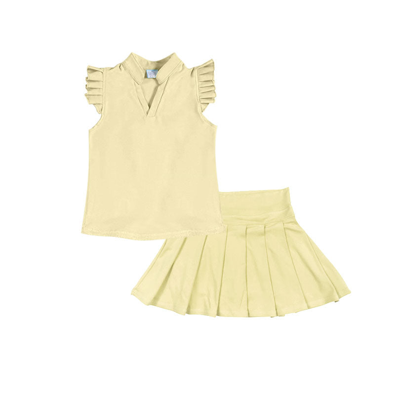 MOQ 5 PCS preorder GSD3205 V-Neck Solid Yellow Ruffle Flying Sleeve with Pleated Skirts for Girls Yoga Sets 202511