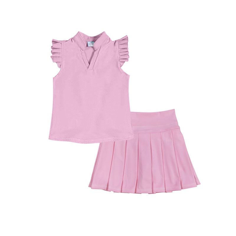 MOQ 5 PCS preorder GSD3206 V-Neck Solid Pink Ruffle Flying Sleeve with Pleated Skirts for Girls Yoga Sets 202511