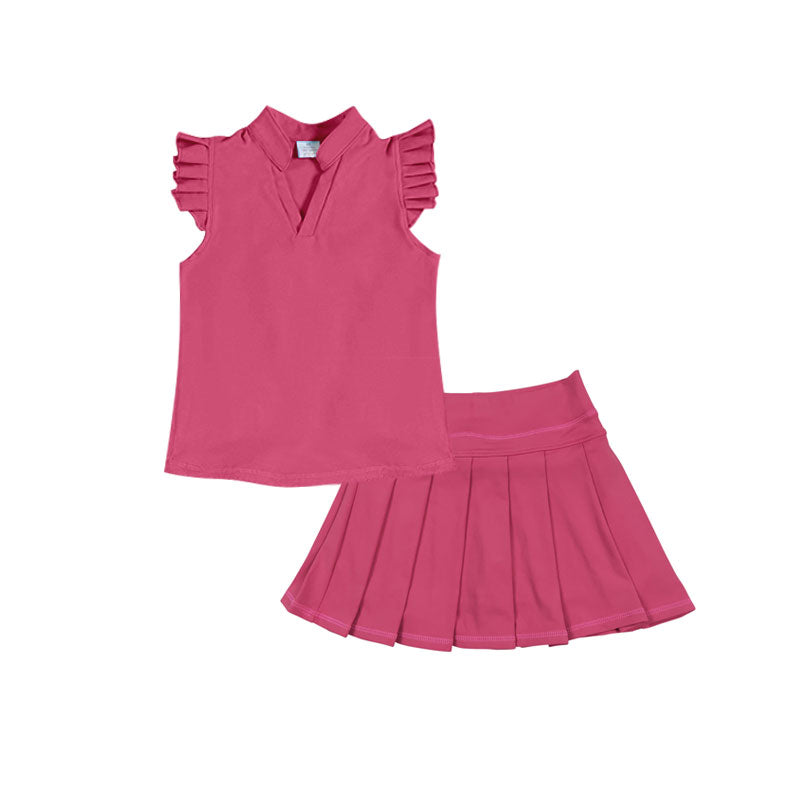 MOQ 5 PCS preorder GSD3207 V-Neck Solid Rose Red Ruffle Flying Sleeve with Pleated Skirts for Girls Yoga Sets 202511