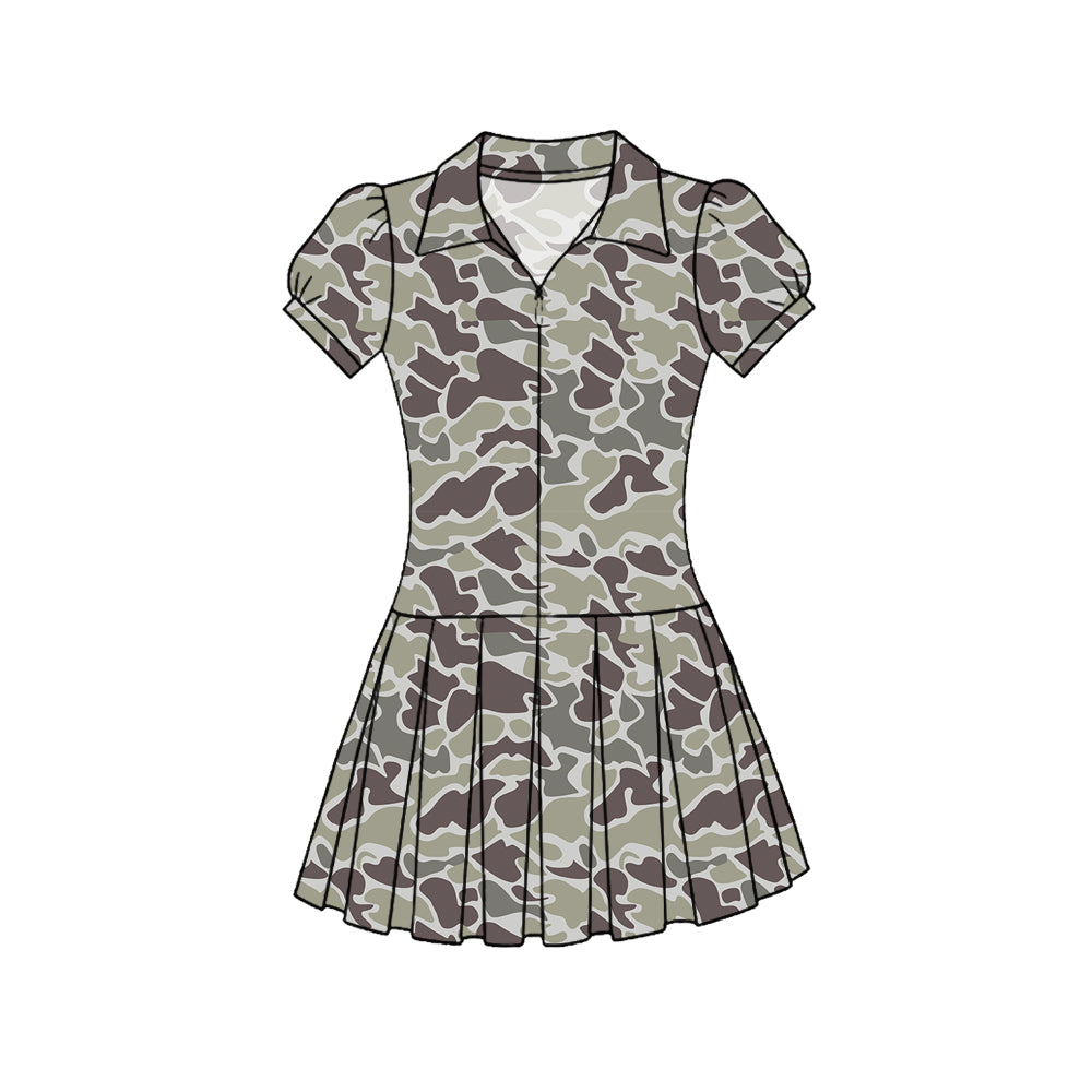 MOQ 5 PCS preorder GSD3214 Gray Green Brown Camouflage Zipper Polo Short Sleeve Pleated Yoga Dresses for Girls 202511