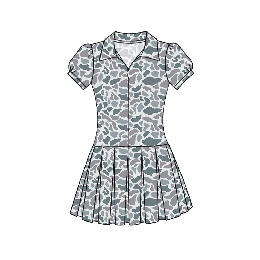MOQ 5 PCS preorder GSD3216 Gray Camouflage Zipper Polo Short Sleeve Pleated Yoga Dresses for Girls 202511