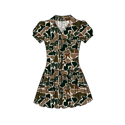 MOQ 5 PCS preorder GSD3218 Brown Green Camouflage Zipper Polo Short Sleeve Pleated Yoga Dresses for Girls 202511