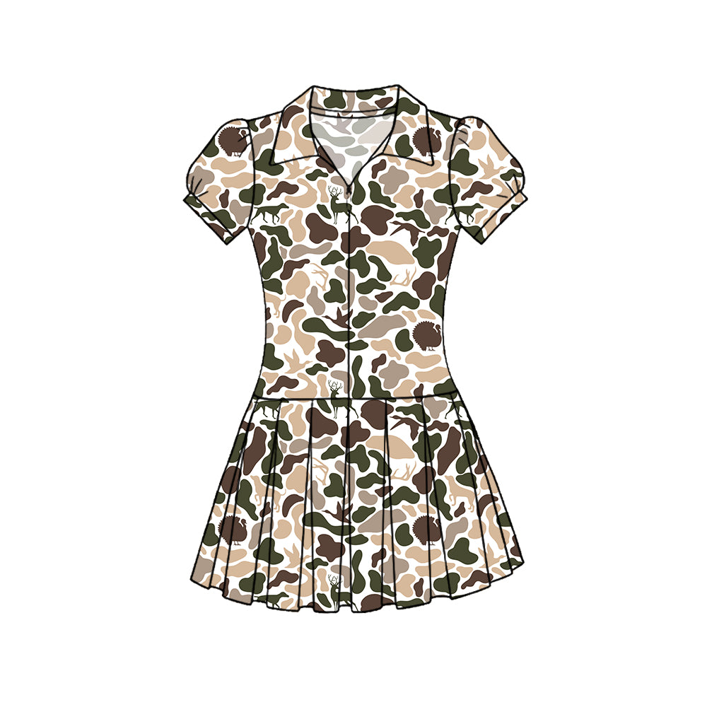 MOQ 5 PCS preorder GSD3219 Duck Hunting Beige Green Camouflage Zipper Polo Short Sleeve Pleated Yoga Dresses for Girls 202511