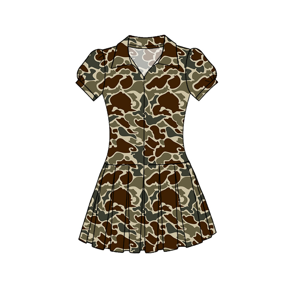 MOQ 5 PCS preorder GSD3221 Brown Camouflage Zipper Polo Short Sleeve Pleated Yoga Dresses for Girls 202511