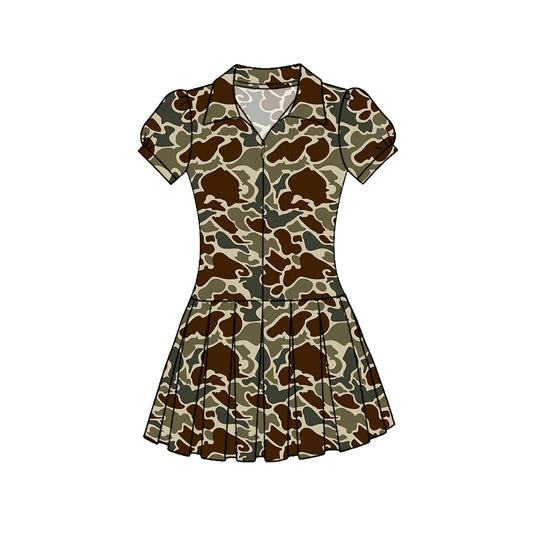 MOQ 5 PCS preorder GSD3221 Brown Camouflage Zipper Polo Short Sleeve Pleated Yoga Dresses for Girls 202511