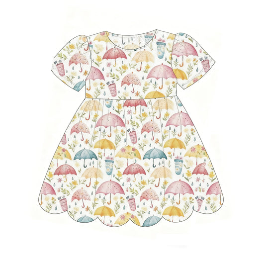 MOQ 5 PCS Preorder GSD3225 Umbrella Flowers Leaves Short Sleeve Dresses for Girls 202511