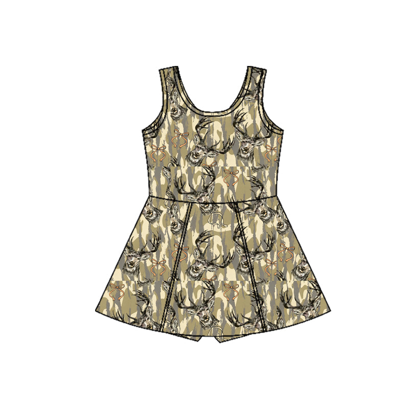 MOQ 5 PCS preorder GSD3233 Reindeer Bow Pattern Camouflage Sleeveless Yoga Dresses for Girls 202511