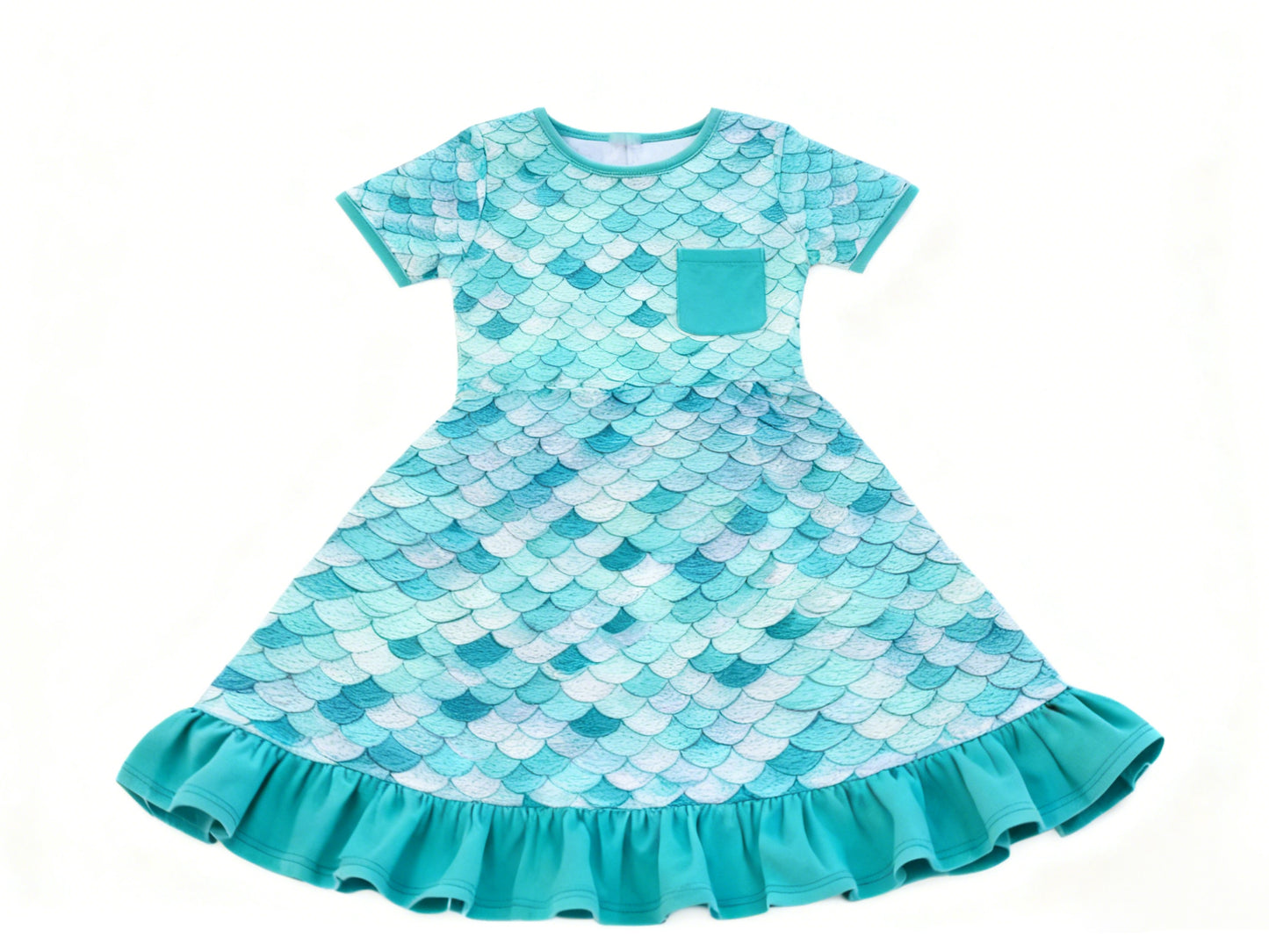 MOQ 5 PCS Preorder GSD3236 Fish Scale Pattern Pocket Ruffle Blue Green Short Sleeve Dresses for Girls 202511