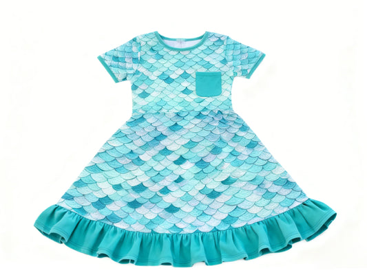 MOQ 5 PCS Preorder GSD3236 Fish Scale Pattern Pocket Ruffle Blue Green Short Sleeve Dresses for Girls 202511