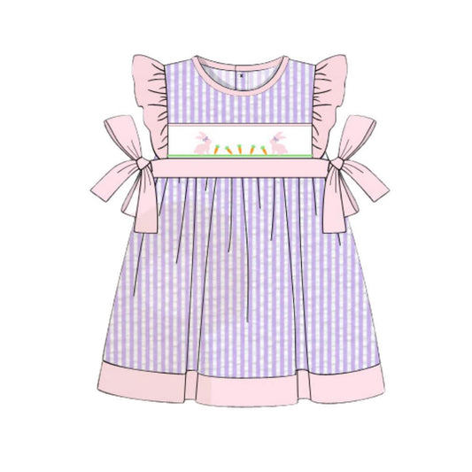 MOQ 5 PCS Preorder GSD3238 Easter Bunny Carrots Purple Stripe Pink Flying Sleeve Dresses for Girls 202511