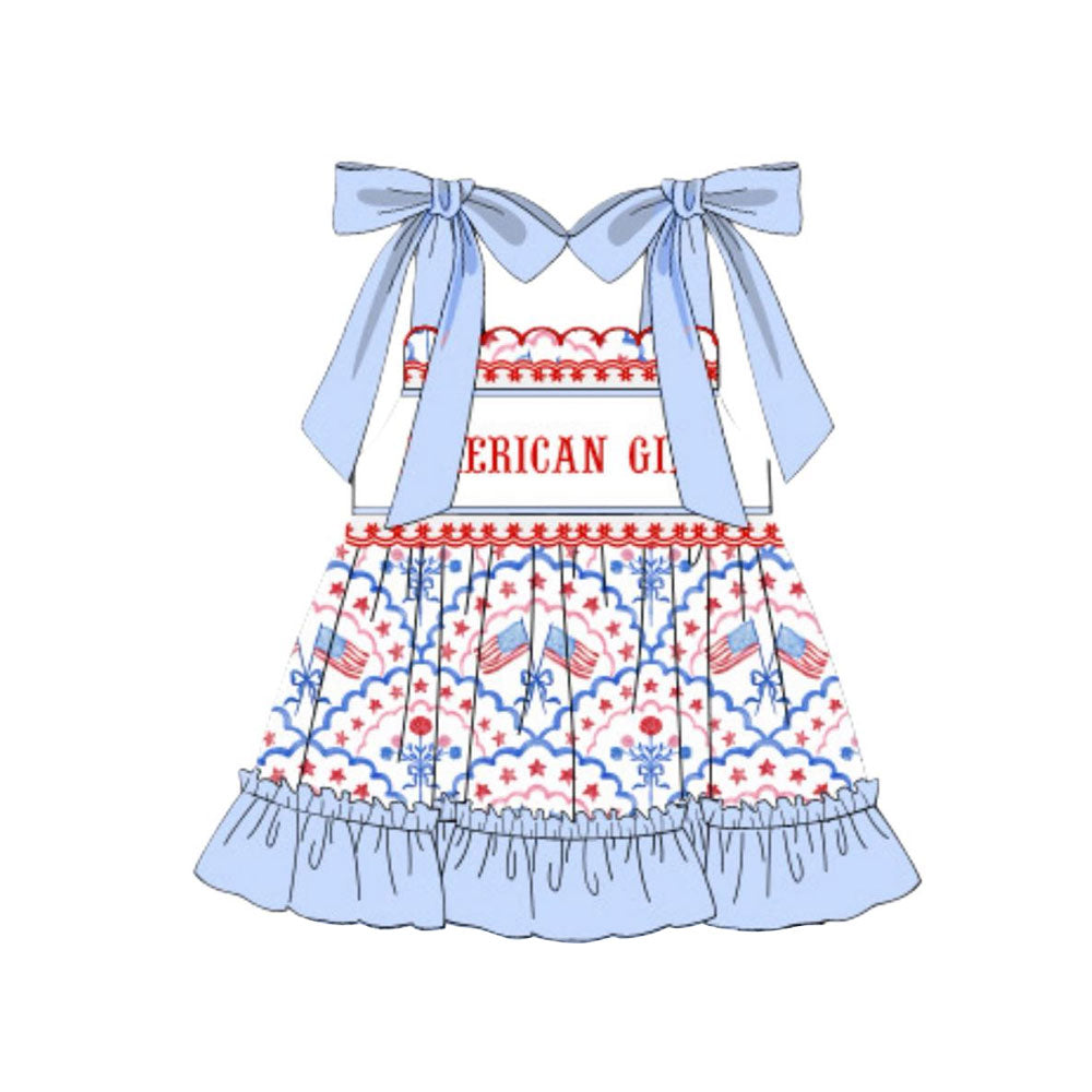 MOQ 5 PCS Preorder GSD3239 4th of July American Girl Flag Blue Halter Dresses for Girls 202511