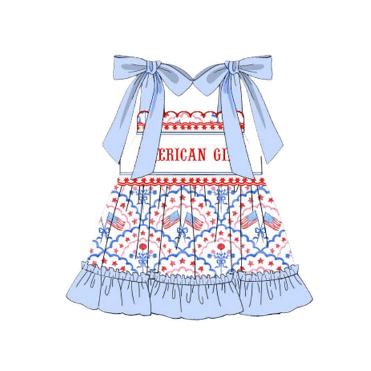 MOQ 5 PCS Preorder GSD3239 4th of July American Girl Flag Blue Halter Dresses for Girls 202511