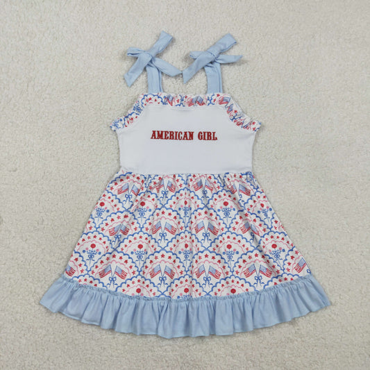 GSD3239 Embroidered 4th of July American Girl Flag Blue Halter Dresses for Girls 202601 RTS
