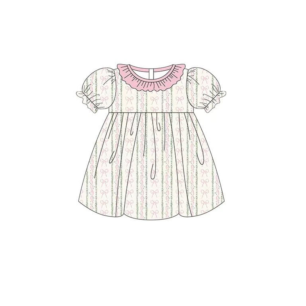 MOQ 5 PCS Preorder GSD3244 Bows Stripe Pink Ruffle Short Sleeve Dresses for Girls 202511