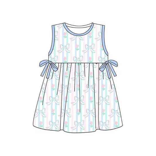 MOQ 5 PCS Preorder GSD3246 Bows Flower Stripe Blue Sleeveless Dresses for Girls 202511