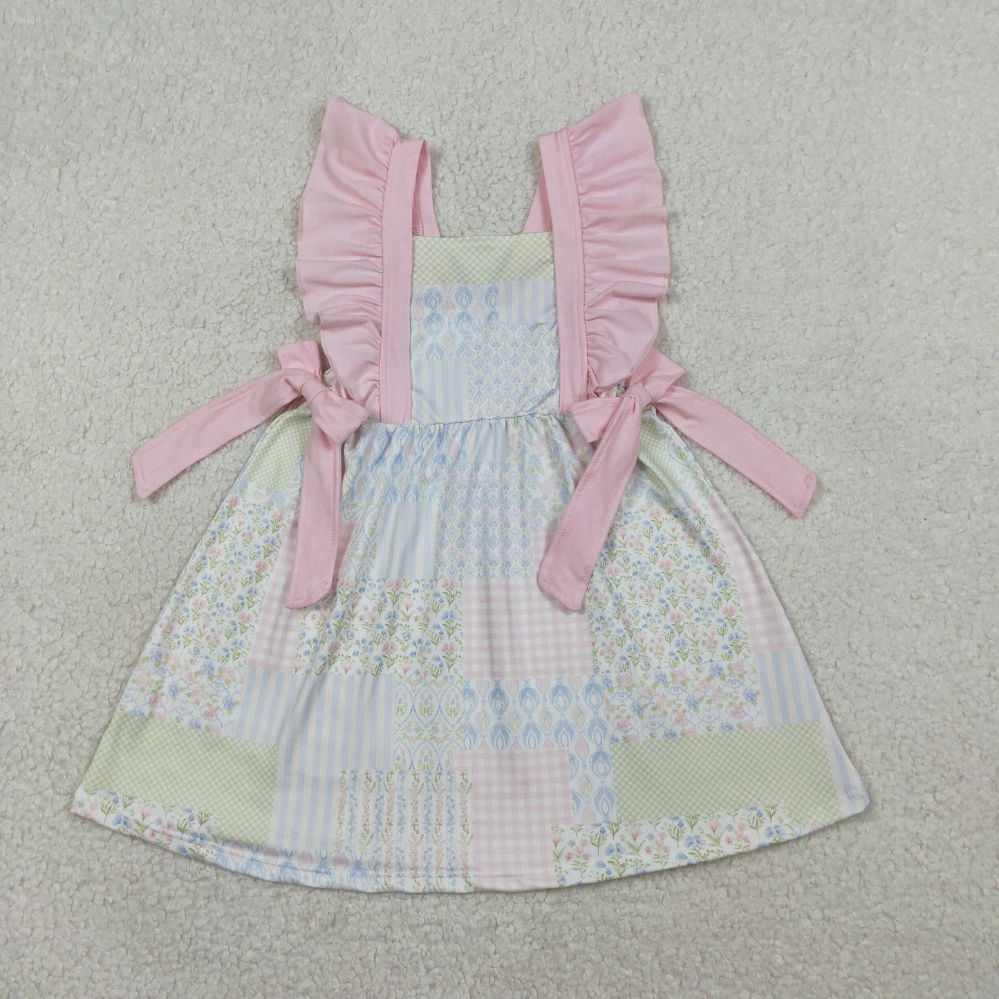 GSD3249 Floral Stripe Plaid Bows Pink Ruffle Flying Sleeve Dresses for Girls 20260119 RTS