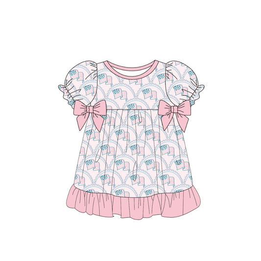 MOQ 5 PCS Preorder GSD3254 4th of July Flag Bows Pink Ruffle Short Sleeve Dresses for Girls 202511