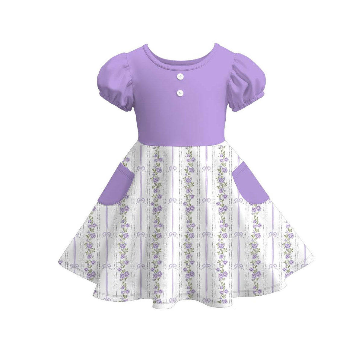 MOQ 5 PCS Preorder GSD3264 Flower Stripe Purple Pocket Short Sleeve Dresses for Girls 202511