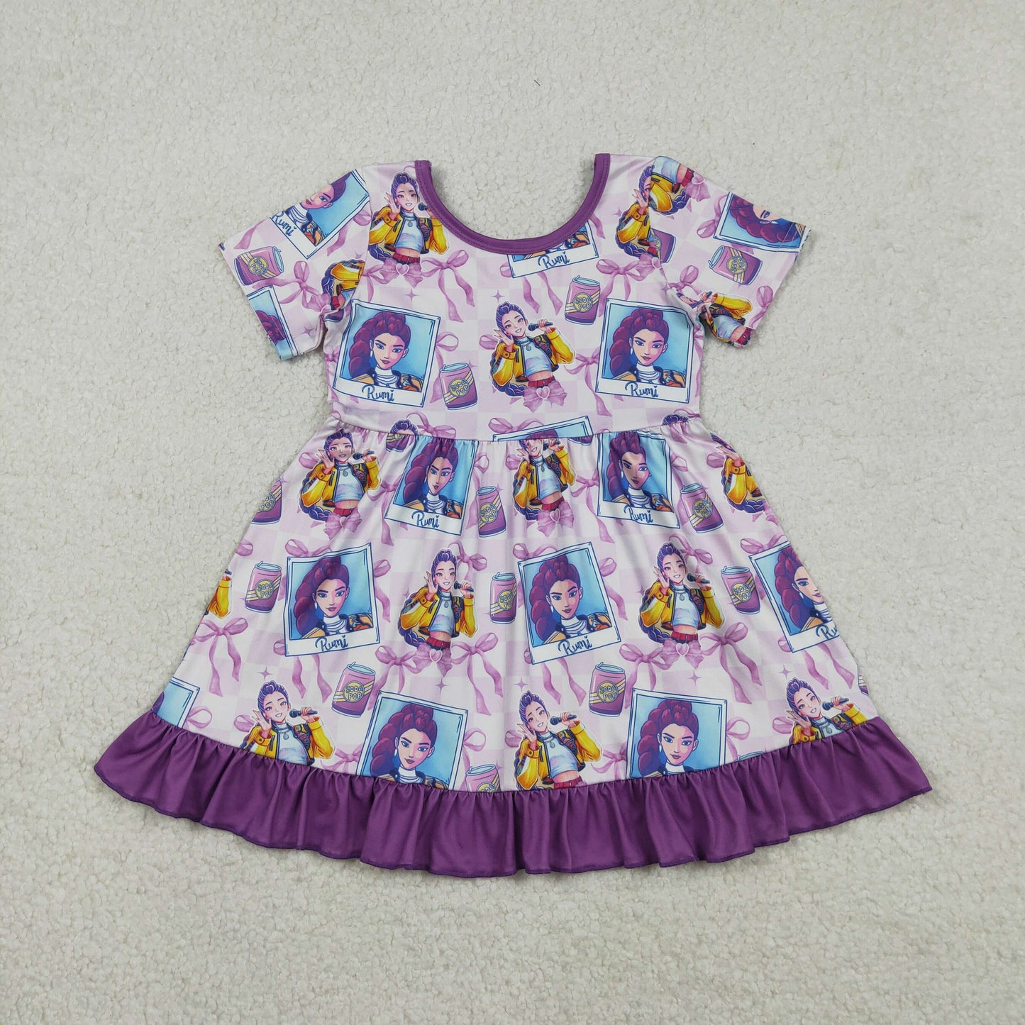 GSD3272 K-POP Bows Purple Ruffle Short Sleeve Dresses for Girls 202512 RTS