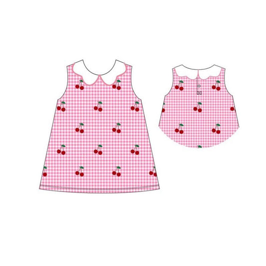 MOQ 5 PCS Preorder GSD3276 Cherry Rose Pink Plaid Doll Collar Sleeveless Dresses for Girls 202511