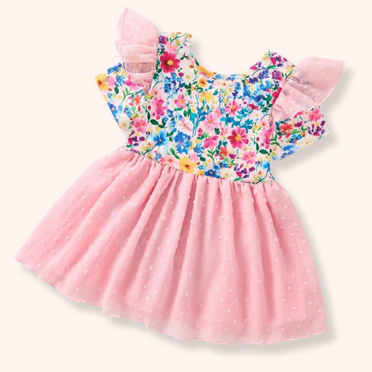 MOQ 5 PCS Preorder GSD3277 Colored Flower Pink Flying Sleeve Dresses for Girls 202511
