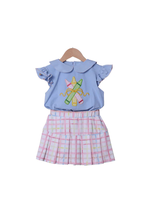 MOQ 5 PCS Preorder GSD3279 Back to School Pencil Bows Blue Doll Collar Flying Sleeve Colored Plaid Skirts for Girls Sets 202511