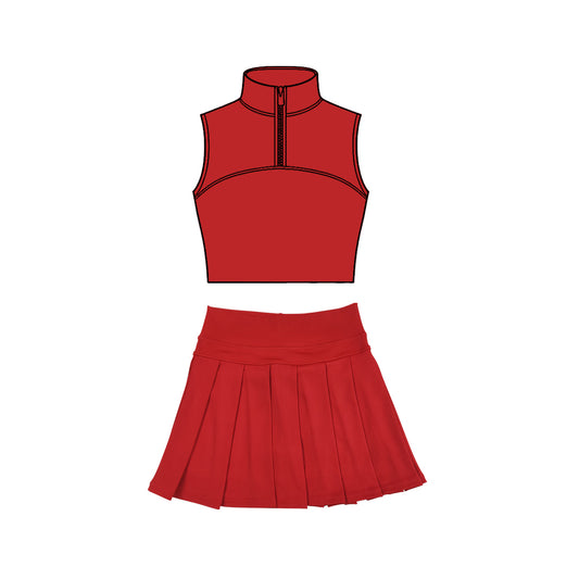MOQ 5 preorder GSD3288 Solid Red Zip Collar Sleeveless Pleated Skirts for Girls Yoga Sets 202511