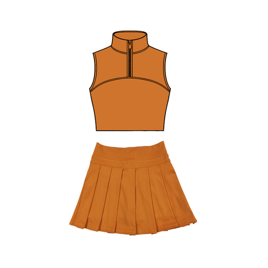 MOQ 5 preorder GSD3289 Solid Orange Zip Collar Sleeveless Pleated Skirts for Girls Yoga Sets 202511