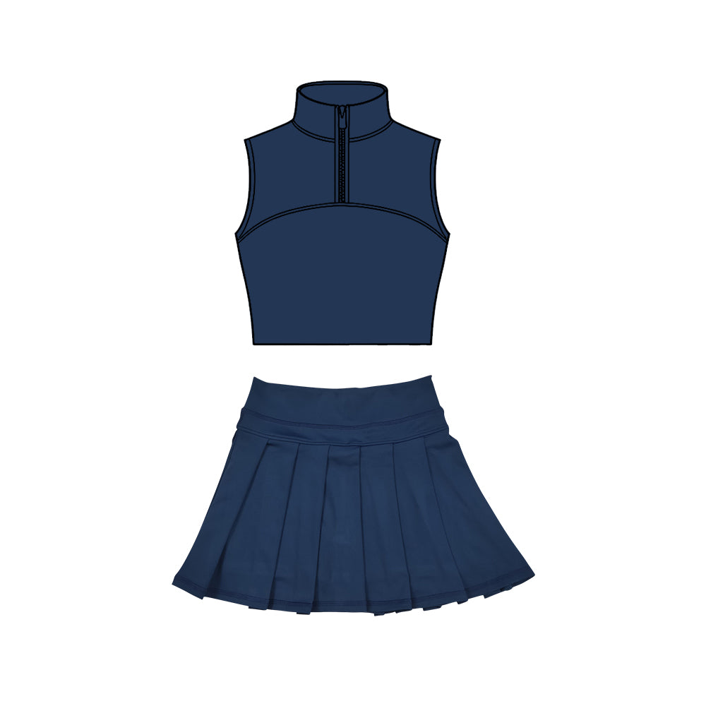 MOQ 5 preorder GSD3290 Solid Navy Zip Collar Sleeveless Pleated Skirts for Girls Yoga Sets 202511